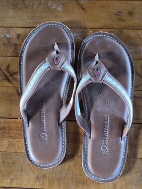 Women's Brown Leather Flip Flop Sandals with Light Blue Accents